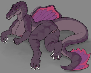 anthro anus bedroom_eyes big_breasts breasts butt dorsal_ridge female genitals green_eyes huge_breasts long_tail narrowed_eyes nipples non-mammal_breasts non-mammal_nipples nude nude_female seductive sharp_teeth simple_background solo tail teeth thick_tail vulva venlightchaser dinosaur prehistoric_species reptile saurischian scalie spinosaurid spinosaurus theropod hi_res