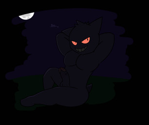 anthro genitals male moon night penis purple_body red_eyes solo teeth teeth_showing text forty_(artist) nintendo pokemon generation_1_pokemon gengar ghost pokemon_(species) spirit english_text hi_res shaded