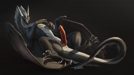 2_horns animal_genitalia anus black_body black_scales black_sclera black_tail bodily_fluids claws countershade_torso countershading erection feet feral fingers genital_fluids genital_slit genitals gradient_background horn knot knotted_penis looking_at_viewer lying male membrane_(anatomy) membranous_wings on_back penis precum red_eyes red_penis scales simple_background smile solo tail toes white_body white_countershading white_scales wings jadedragoness mythology kylora dragon mythological_creature mythological_scalie scalie 16:9 2026 digital_drawing_(artwork) digital_media_(artwork) hi_res shaded signature widescreen