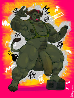 abs amplifier anthro arm_tattoo balls barazoku beard big_balls big_penis black_hair clothing crop_top curved_horn devil_horns_(gesture) ear_piercing ear_ring electronics erection facial_hair facial_piercing foreskin genitals gesture hair half-closed_eyes half-erect hand_gesture hooves horn huge_balls huge_penis humanoid_genitalia humanoid_penis impractical_clothing leg_tattoo male microphone muscle_tone muscular muscular_anthro muscular_male narrowed_eyes nose_piercing nose_ring pecs penis piercing ring_piercing rock_out_with_your_cock_out shirt smile solo speaker tail tail_tuft tattoo tongue tongue_out topwear tuft vein veiny_penis hotdogsauau bovid bovine buffalo cape_buffalo mammal hi_res