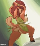 2018 absurd_res activision anthro arm_wraps bagelcollector big_breasts big_butt biped bottomless breasts butt clothed clothing deer digital_media_(artwork) elora faun_(spyro) female fur green_eyes hair hands_above_head hi_res hooves humanoid_hands looking_at_viewer looking_back mammal pose raised_tail rear_view side_boob simple_background smile solo spyro_reignited_trilogy spyro_the_dragon standing stretching tail thick_thighs wraps
