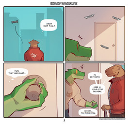 anthro brown_body clothing delivery_(commerce) delivery_employee dialogue door door_handle doorknob duo four_frame_image green_body holding_bag inside jacket looking_at_door male opening_door outside page_number sound_effects surprised sweater text topwear wolfanine tang_(wolfanine) tooth_(wolfanine) alligator alligatorid capybara caviid crocodilian mammal reptile rodent scalie comic english_text hi_res multiple_scenes url