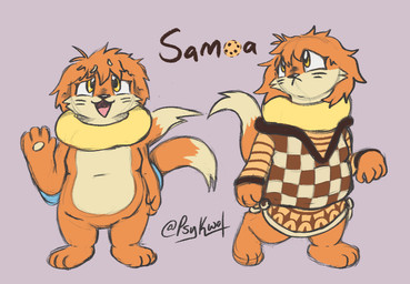 2_tails 3_fingers 3_toes ahoge anthro blank_expression checkered checkered_clothing clothing cookie cookie_pattern eyebrow_through_hair eyebrows facial_tuft feet female fingers food fur hair limp_wrist looking_at_viewer looking_up multi_tail nervous nervous_look nervous_smile nude open_mouth orange_body orange_fur orange_hair overweight overweight_anthro overweight_female pattern_clothing pokemorph shaggy_hair slightly_chubby striped_clothing stripes sweater sweater_vest tail tan_body tan_fur toes tongue topwear translucent translucent_hair tuft vest walking yellow_body yellow_eyes psykwol nintendo pokemon fan_character samoa_(psykwol) buizel generation_4_pokemon pokemon_(species) digital_drawing_(artwork) digital_media_(artwork)