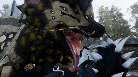 anthro bodily_fluids detailed_background duo female imminent_vore long_tongue looking_at_mouth male male/female mouth_shot open_mouth oral_vore saliva teeth tongue vore peq42 avian regalfin 3d_(artwork) digital_media_(artwork) hi_res