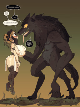 andromorph anthro areola arm_tuft armband big_areola big_breasts big_nipples black_body black_fur blush boots bracelet breasts brown_clothing brown_collar brown_hair brown_legwear brown_thigh_boots brown_thigh_highs clothed clothed_female clothing collar dialogue duo elbow_tuft eyelashes eyewear female fluffy fluffy_tail footwear fur genitals glasses hair holding_partner huge_breasts humanoid_pointy_ears imminent_sex inner_ear_fluff intersex jewelry legwear long_eyelashes nipples nude_anthro off_the_ground pointy_ears shoes size_difference speech_bubble tail tear_trough text thigh_boots thigh_highs tongue tongue_out tuft vulva wearing_glasses yellow_sclera rapscallion mythology vice_and_violence canid canine elf humanoid mammal mythological_canine mythological_creature werecanid werecanine werecreature werewolf 2026 absurd_res english_text hi_res story story_in_description female_(lore)