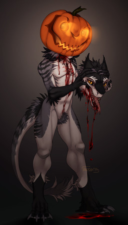 anthro arm_tuft black_body black_ears black_fur blood blood_from_mouth blood_in_mouth blood_on_chest bodily_fluids cheek_tuft chest_tuft crotch_tuft death decapitation detachable detachable_head elbow_tuft facial_tuft featureless_crotch food for_a_head forked_tongue fruit fur glistening glistening_eyes glowing glowing_eyes gore grey_body grey_fur head_tuft headless holding_head holding_own_head male nude open_mouth orange_eyes pink_tongue plant pumpkin pumpkin_head pupils severed_body_part severed_head simple_background slit_pupils solo standing striped_arms striped_legs tail tongue tongue_out tuft white_body white_fur riorix object_head sergal 2017 dated full-length_portrait hi_res portrait signature