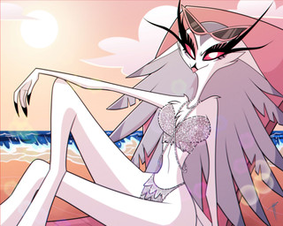 anthro beach beach_chair beak bikini black_claws bra chair claws clothing cloud day eyelashes eyewear feathers female furniture glasses looking_at_viewer panties pink_eyewear pink_glasses red_sclera sand seaside sitting solo sun sunny swimwear two-piece_swimsuit underwear water white_body white_eyes white_feathers hntrgurl13 hellaverse helluva_boss stella_(helluva_boss) avian bird demon owl 2022 absurd_res colored hi_res