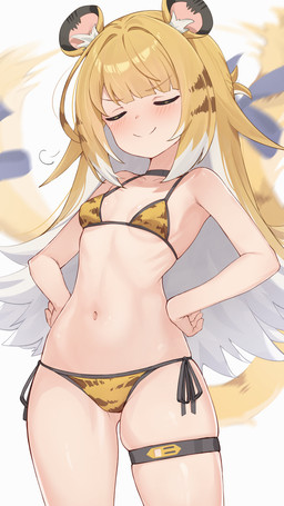 accessory animal_ears bikini blonde_hair bow_ribbon breasts choker clothing eyes_closed female fluffy fluffy_tail furgonomics hair jewelry navel necklace orange_hair ribbons small_breasts solo striped_hair swimwear tail tail_accessory tail_bow tail_motion tail_ribbon tailwag thigh_strap two-piece_swimsuit white_hair bitseon mihoyo zenless_zone_zero ju_fufu animal_humanoid felid felid_humanoid humanoid mammal mammal_humanoid pantherine pantherine_humanoid thiren tiger_humanoid absurd_res hi_res