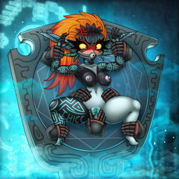angry ball_gag bdsm blonde_hair bondage bound breasts cross-popping_vein cuff_(restraint) dripping_vulva easter_egg female floating_hands gag gagged gagged_drooling genitals hair holidays long_ears long_hair multicolored_body not_furry red_eyes red_hair restraints shortstack solo spread_vulva spreading vulva wide_hips yellow_sclera vrabo easter nintendo the_legend_of_zelda twilight_princess midna humanoid imp absurd_res hi_res