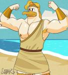 armpit_hair beach beak biceps body_hair clothing flexing flexing_bicep flexing_both_biceps front_view male nipples outside pecs seaside solo toga water vier_punksterne disney ducktales ducktales_(2017) storkules avian bird stork absurd_res hi_res portrait three-quarter_portrait