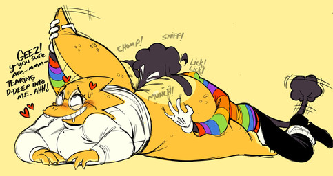 4_fingers anal anthro anthro_rimming_anthro big_butt black_body black_bottomwear black_clothing black_ears black_hair black_pants black_tail black_tail_tuft black_text blush blush_lines bodily_fluids body_worship bottomless bottomless_anthro bottomless_female bottomwear breasts butt butt_grab butt_sniffing butt_worship cartoon_freckles clothed clothed_anthro clothed_male clothing coat dialogue drooling duo eyebrows eyelashes eyewear female female_anthro fingers freckled_butt freckled_face freckled_tail freckles glasses gloves hair hand_on_butt hand_on_partner's_butt handwear heart_symbol huge_butt lab_coat long_eyelashes looking_pleasured lying male male/female male_anthro male_rimming_female motion_lines multicolored_clothing on_front onomatopoeia oral pants rainbow_clothing rimming saliva scale_freckles scales sex simple_background smelly smelly_butt smile sniffing sound_effects sweat tail tail_grab tail_motion tail_tuft tailwag talking_to_another talking_to_partner text thick_tail thick_thighs topwear tuft wearing_glasses white_clothing white_coat white_eyebrows white_gloves white_handwear white_topwear yellow_background yellow_body yellow_skin yellow_tail animation_sensation undertale_(series) alphys canid canine canis domestic_dog mammal scalie 2026 digital_drawing_(artwork) digital_media_(artwork) english_text hi_res