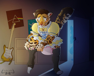 3_toes 5_fingers ageplay ambiguous_gender anthro bedroom blue_bow bow_ribbon brown_body brown_fur brown_hair brown_spots brown_tail brown_tail_tip caught_in_the_act clean_diaper clothed clothing crossdressing detailed_background diaper dipstick_tail dress dresser dressing duo ears_down electric_guitar facial_markings feet femboy feminization fingers footwear frilly frilly_clothing frilly_dress fur furniture glistening glistening_eyes guitar hair head_markings heart_symbol jaguar_spots leaning leaning_forward legwear logo markings multicolored_body multicolored_fur multicolored_tail musical_instrument on_one_leg open_mouth orange_body orange_fur orange_tail pink_diaper pivoted_ears plucked_string_instrument poster putting_on_socks red_inner_ear roleplay shocked socks spots spotted_body spotted_fur standing string_instrument tail tail_markings tan_body tan_fur tan_tail teeth text thigh_highs thigh_socks toes wearing_diaper wide_eyed kottocotito nevermind_(nirvana) nirvana pink_floyd the_dark_side_of_the_moon_(album) background_character kembajaguar canid canine felid jaguar mammal pantherine artist_logo artist_name hi_res