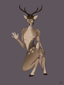 after_fingering andromorph anthro antlers big_clitoris bodily_fluids brown_body brown_fur butt butt_grab clitoris fur genital_fluids genitals green_eyes hair hand_on_butt hooves horn intersex looking_at_viewer markings mastectomy_scar nipples nude presenting presenting_hindquarters presenting_vulva rear_view scar scut_tail short_tail simple_background smile solo spots spotted_body spotted_fur spread_legs spread_vulva spreading tail vaginal_fluids vaginal_fluids_between_thighs vaginal_fluids_on_hand visibly_trans vulva cervid_18 deer mammal 3:4 hi_res trans_(lore) trans_man_(lore)