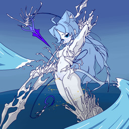 anthro blue_body blue_eyes blue_fur bodily_fluids embarrassed female fighting_pose fur genital_fluids genitals light_eyes nude peeing pose sea solo standing urine vulva water watersports cassis aquatic felid feline felis mammal 1:1 hi_res