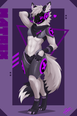 anthro ear_piercing ear_ring ear_stud femboy fluffy fluffy_tail fur hair heart_symbol kerchief machine male piercing protogen_visor ring_piercing smile solo standing tail kilogen matrix_(kilogen) protogen 2:3 absurd_res hi_res
