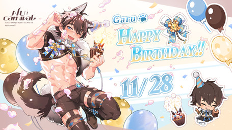 abs birthday bottomwear chibi clothed clothing crop_top cupcake facial_scar fluffy fluffy_tail food fully_clothed hat headgear headwear inner_ear_fluff male on_model one_eye_closed open_mouth open_smile scar shirt shorts smile solo tail text topwear tuft unknown_artist nu:_carnival garu_(nu:_carnival) animal_humanoid canid canid_humanoid canine canine_humanoid human humanoid mammal mammal_humanoid wolf_humanoid 16:9 english_text hi_res official_art widescreen