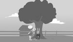 anthro barn blush clothing duo female hands_behind_back hoodie looking_up_at_another male plant shoulderless_shirt simple_background speech_bubble topwear tree agidyne rose_(agidyne) stephen_(agidyne) lagomorph leporid mammal rabbit hi_res monochrome