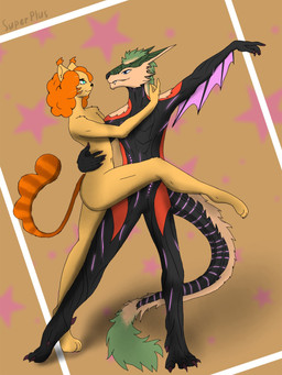 anthro ballet black_body blue_eyes dancing duo female fur glowing glowing_body hair horn male male/female nude orange_body orange_fur smile tail teeth wings superplus ark_survival_(series) mythology kustrin domestic_cat dragon felid feline felis mammal managarmr mythological_creature mythological_scalie scalie 3:4 digital_media_(artwork) hi_res