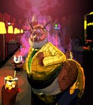 anthro antlers bar belly beverage big_butt blonde_hair brown_body brown_fur butt clothed clothing deer detailed_background duo eyewear first_person_view fur glasses hair holding_beverage holding_object horn human human_to_anthro inside magic male mammal necktie open_mouth overweight overweight_anthro overweight_male solo_focus species_transformation standing surprise swatcher torn_clothing transformation weight_gain white_body white_fur worried
