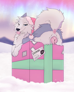 animal_genitalia animal_vulva anus aurora_(phenomenon) blep box butt canine_genitalia canine_vulva christmas_clothing christmas_headwear clothing container day female feral fur genitals gift_box grey_body grey_eyes grey_fur hat headgear headwear holidays looking_at_viewer one_eye_closed outside paws presenting presenting_anus presenting_hindquarters presenting_vulva quadruped raised_tail rear_view santa_hat snow solo stamp tail text tongue tongue_out vulva white_body white_fur wink barndog christmas barndog_(barndog) border_collie canid canine canis collie domestic_dog herding_dog mammal pastoral_dog sheepdog 2025 digital_drawing_(artwork) digital_media_(artwork) english_text hi_res