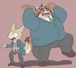 anthro belly blush bodily_fluids bottomwear brown_body brown_fur clothing duo eyewear fur glasses humanoid_hands kemono male necktie overweight overweight_male pants shirt simple_background sweat topwear 00murice canid canine fox mammal raccoon_dog tanuki 2021