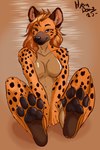 anthro auburn_hair black_pawpads blue_eyes breasts dark_ears featureless_breasts feet female foot_focus hair nude pawpads simple_background soles solo spots hyena_beans hyena mammal spotted_hyena 2:3 absurd_res hi_res