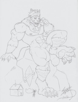 anthro genitals macro macro_tease male male_anthro male_giant muscular paws penis solo text zodimwolfclaw final_fantasy final_fantasy_xiv square_enix dazzle_(wolfgar) wolfgar absurd_res english_text hi_res sketch