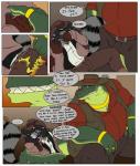 alligator alligatorid angry anthro clothed clothing comic crocodilian darkpenguin dialogue duo ellipsis english_text facial_hair grin hair hat headgear headwear hi_res inside jewelry landon_(darkpenguin) male mammal otis_(darkpenguin) overweight procyonid profanity raccoon red_eyes reptile scalie sharp_teeth smack smile teeth text yellow_eyes