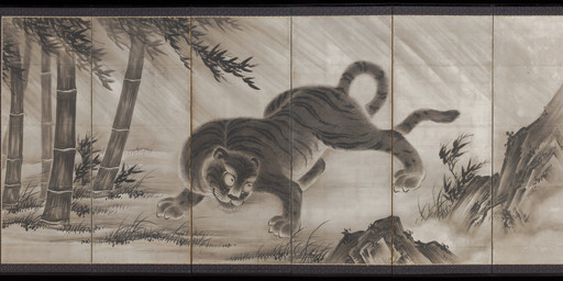 ambiguous_feral ambiguous_gender bamboo bamboo_tree claws detailed_background digitigrade feral finger_claws fur grass leaf looking_aside markings outside paws plant quadruped rock solo standing striped_body striped_fur striped_markings striped_tail stripes tail tail_markings three-quarter_view toe_claws tree whiskers yamada_doan public_domain felid mammal pantherine tiger 16th_century absurd_res ancient_art hi_res monochrome painting_(artwork) traditional_media_(artwork) traditional_painting_(artwork)