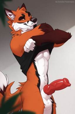 animal_genitalia animal_penis anthro athletic balls biped bodily_fluids body_hair bottomless brown_body brown_fur canine_genitalia canine_penis claws clothed clothing clothing_lift dripping erection fangs fluffy fur genital_fluids genitals hair happy_trail head_tuft inside knot knotted_penis looking_at_viewer male navel no_underwear orange_eyes penis precum precum_drip pubes red_body red_fur sheath shirt shirt_lift solo standing teeth topwear tuft undressing_self vein veiny_penis gorsha_pendragon canid canine fox mammal red_fox true_fox 2025 colored digital_drawing_(artwork) digital_media_(artwork) hi_res shaded
