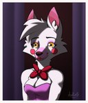 2024 anthro artist_name black_eyebrows border bow_tie breasts canid canine cheek_markings cheek_tuft cleavage closed_smile clothed clothing colored crop_top curtains digital_drawing_(artwork) digital_media_(artwork) dudles eyebrows eyelashes facial_markings facial_tuft female five_nights_at_freddy's five_nights_at_freddy's_2 fox fur hair head_markings hi_res inner_ear_fluff inside lips mammal mangle_(fnaf) markings mouth_closed multicolored_body multicolored_fur pink_body pink_clothing pink_crop_top pink_fur pink_inner_ear pink_shirt pink_topwear purple_curtains red_bow_tie red_lips scottgames shaded shirt short_hair simple_shading smile solo standing topwear tuft white_body white_border white_fur white_hair white_inner_ear_fluff yellow_eyes