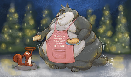 anthro apron apron_only claws clothing duo feral food fur half-closed_eyes holding_food holding_object holding_pie holding_plate holidays male morbidly_obese morbidly_obese_anthro morbidly_obese_male mouth_closed narrowed_eyes obese obese_anthro obese_male overweight overweight_anthro overweight_male pastry paws pie pie_(food) pie_slice plate smile tail tail_motion tailwag text yellow_eyes dragontzin christmas intermarche_unloved albert_(intermache_unloved) canid canine canis mammal rodent sciurid tree_squirrel wolf 2025 hi_res