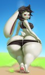 anthro big_butt biped breasts butt clothed clothing detailed_background female fingers fur hair huge_butt hyper hyper_butt looking_at_viewer looking_back outside shirt solo standing thick_thighs topwear v12 lagomorph leporid mammal rabbit 2024 absurd_res hi_res