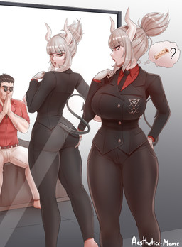 big_breasts big_butt breasts butt clothed clothing duo female fully_clothed horn looking_back male nipples not_furry occult_symbol plantigrade sigil sigil_of_lucifer solo_focus symbol thick_thighs wide_hips aestheticc-meme helltaker lucifer_(helltaker) protagonist_(helltaker) demon horned_humanoid human humanoid mammal absurd_res hi_res