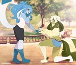 anthro bench duo eeveelution female female/female generation_4_pokemon glaceon hi_res leafeon nintendo on_knee park park_bench pinkipu plant pokemon pokemon_(species) proposal ring ring_(jewelry) romantic romantic_couple tree