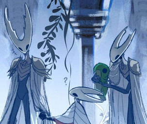 2_horns ambiguous_gender anthro biped black_eyes cloak clothed clothing empty_eyes feral fingers group hand_holding holding_another horn larger_ambiguous looking_at_another question_mark size_difference smaller_ambiguous standing trio nacl hollow_knight_(franchise) team_cherry hollow_knight_(character) hornet_(hollow_knight) the_knight_(hollow_knight) arthropod grub_(hollow_knight) vessel_(species) 2026 female_(lore) half_sister_(lore) sibling_(lore) sister_(lore)