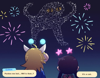 ambiguous_gender asking asking_another asking_what blonde_hair brown_hair dialogue dialogue_box duo fireworks fur hair header header_box question species_in_dialogue text text_box white_body white_fur kim_(artist) animal_crossing nintendo colton_(animal_crossing) villager_(animal_crossing) equid equine felid feline human mammal animated english_text no_sound short_playtime video