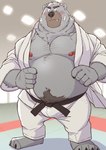 anthro belly big_belly black_nose blue_eyes blush cute_fangs fangs grey_body humanoid_hands keikogi kemono male martial_arts_uniform moobs musclegut muscular nipples overweight overweight_male solo sportswear teeth ryuta-h bear mammal 2022 hi_res