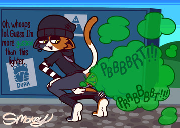 :3 anthro anus beanie biped blue_body blue_fur bottomless bottomwear bottomwear_down breasts butt cat_tail clothed clothing crouching dialogue ear_piercing ear_ring eyebrows fart fart_cloud fart_fetish feet female fishbone fur green_fart_cloud hat headgear headwear jacket lighter looking_back multicolored_body multicolored_fur onomatopoeia orange_body orange_fur pants pants_down partially_clothed piercing ring_piercing shirt simple_background small_breasts smug soles solo sound_effects tail text topwear white_body white_fur yellow_eyes smokey_the_menish epic_games fortnite meow_skulls calico_cat domestic_cat felid feline felis mammal absurd_res hi_res