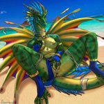 anthro anus beach bodily_fluids bottomwear bottomwear_aside breasts claws clothing clothing_aside day digital_media_(artwork) dragon eleacat eyelashes female fin fin_piercing footwear furgonomics furry-specific_piercing genital_fluids genitals green_body green_scales head_fin hi_res horn horn_jewelry jewelry loincloth loincloth_aside long_neck looking_at_viewer mostly_nude mythological_creature mythological_scalie mythology necklace piercing pussy reclining sand scales scalie sea seaside sky solo spread_legs spreading vaginal_fluids water