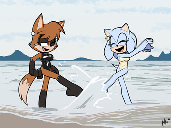 anthro barefoot beach blue_body blue_fur breasts brown_body brown_fur clothing duo feet female female/female fur kick latex latex_swimsuit one-piece_swimsuit one_eye_closed open_mouth open_smile playful seaside smile splash swimwear lettuce_(artist) sega sonic_the_hedgehog_(series) fan_character honeydew_(lettuce) lilac_the_maned_wolf canid canine canis eulipotyphlan hedgehog mammal maned_wolf wolf 2026 4:3 absurd_res hi_res