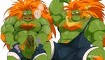 abs anthro balls blush bodily_fluids clothing erection genital_fluids genitals green_body hair male muscular muscular_humanoid muscular_male overalls pecs penis precum pubes red_hair solo sweat hyaku_(artist) capcom street_fighter blanka humanoid monster hi_res