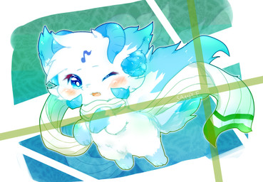 abstract_background ambiguous_gender blue_body blue_eyes blue_fur blush chibi daww feral fur kemono one_eye_closed solo white_body white_fur wink young deaic canid canine mammal 2017 colorful_theme hi_res shaded