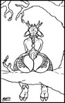 antlers big_butt black_border border braided_hair braided_ponytail branch bubble_butt butt femboy freckles hair hooves horn long_ears male markings ponytail sitting solo spots spotted_markings skianous humanoid satyr hi_res monochrome