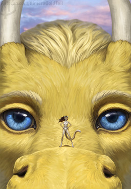 ambiguous_form ambiguous_gender anthro blue_eyes brown_hair duo extreme_size_difference female female_anthro front_view fur genitals glistening glistening_eyes hair humanoid_genitalia humanoid_vulva logo long_hair looking_at_viewer markings mouth_closed nude size_difference standing striped_arms striped_legs striped_markings striped_tail stripes tail tail_markings text vulva white_body white_fur yellow_body yellow_fur himeragoldtail mythology dragon felid mammal mythological_creature mythological_scalie scalie artist_logo hi_res url