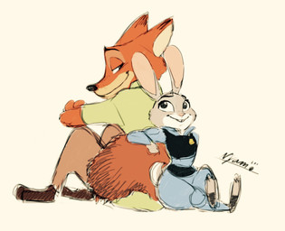 anthro bottomwear clothed clothing duo female fully_clothed fur grey_body grey_fur male orange_body orange_fur pants police police_uniform shirt simple_background sitting smile tan_background toeless_legwear topwear uniform nya_mooon disney zootopia judy_hopps nick_wilde canid canine fox lagomorph leporid mammal rabbit red_fox true_fox 2015 hi_res signature