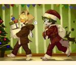 anthro bottomwear brown_bottomwear brown_clothing brown_topwear christmas_tree clothed clothing coat costume duo eyes_closed gift holding_gift holding_object holidays open_mouth plant red_bottomwear red_clothing red_topwear santa_costume topwear tree umani christmas furiorid harvic canid canine canis deer domestic_cat felid feline felis mammal new_world_deer reindeer wolf 2014 hi_res letterbox