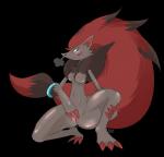 anthro black_background bodily_fluids breasts claws female fur genital_fluids genitals hair looking_at_viewer nipples nude pussy semi-anthro simple_background smile solo tongue vaginal_fluids cashmere_(artist) nintendo pokemon generation_5_pokemon pokemon_(species) zoroark 2016 absurd_res hi_res