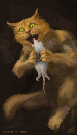 ambiguous_gender black_background duo fangs feral humor imminent_vore parody simple_background size_difference standing teeth text what edarneor saturn_devouring_his_son domestic_cat felid feline felis mammal mouse murid murine rodent 2025 artist_name hi_res inspired_by_formal_art painting_(artwork) signature url