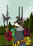 2023 absurd_res ambiguous_gender anthro appelsaus armor arquebus black_body black_fur bovid brown_body brown_fur calico_pattern caprine chainmail chainmail_coif clothed clothing constance_(appelsaus) cuirass digital_media_(artwork) forest forest_background fur goat gun halberd headgear helmet hi_res horn landsknecht livery long_horn mammal melee_weapon mercenary nature nature_background plant polearm portrait ranged_weapon solo standing tree weapon white_body white_fur zischaegge